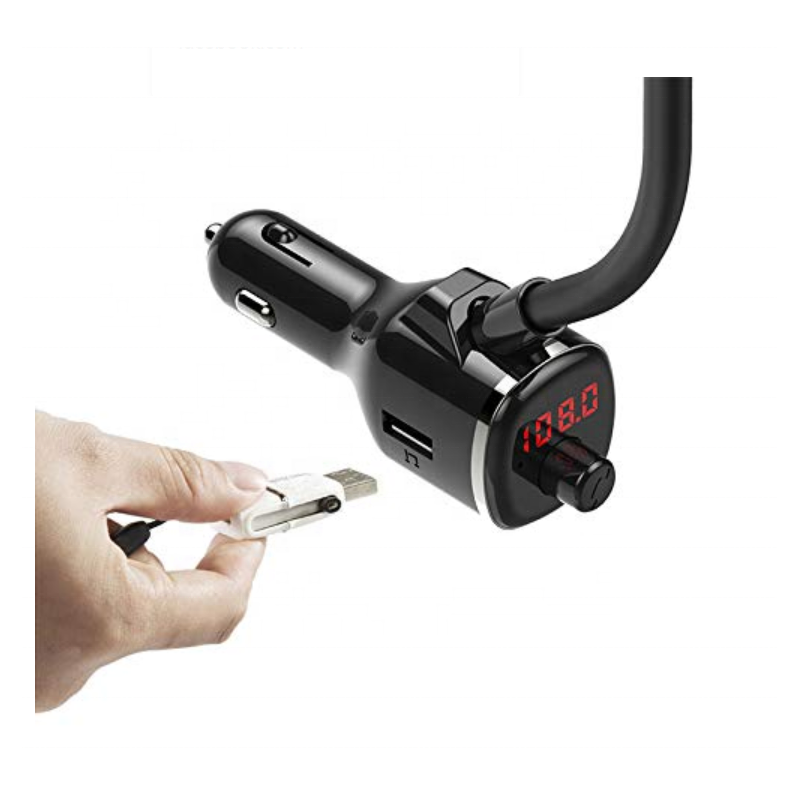 Блутут FM трансмитер с USB слот и стойка за безжично зареждане на смартфон