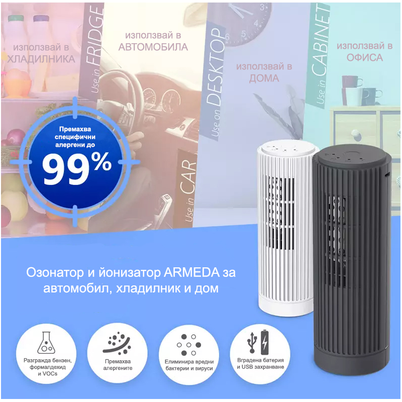 Озонатор и йонизатор ARMEDA за автомобил, хладилник и дом