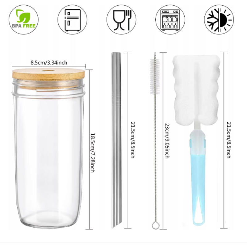 Комплект от 2 стъклени чаши за бабъл чай, с дървен капак и сламка, 720мл, прозрачни, 17,5х8,8х7см