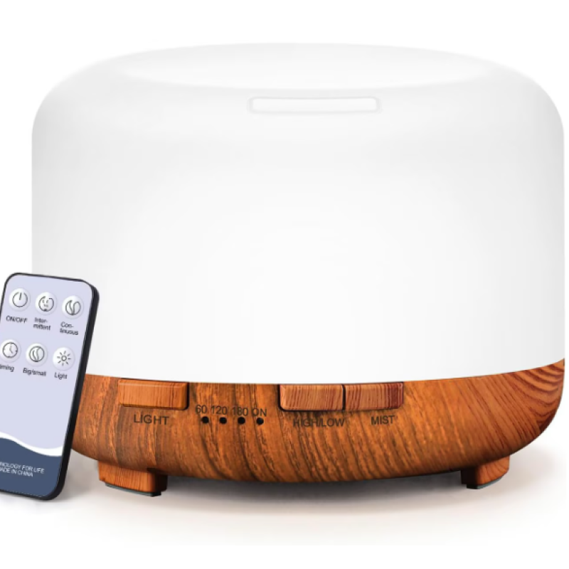 Ултразвуков дифузер за етерични масла, 500 ml, с дистанционно управление, 7 LED цвята, автоматично изключване, кафяв