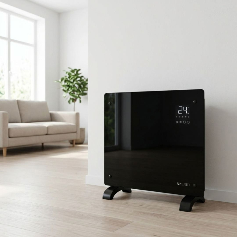 Черен стъклен конвектор Zenet 523, електрически подов и стенен отоплител 1000W