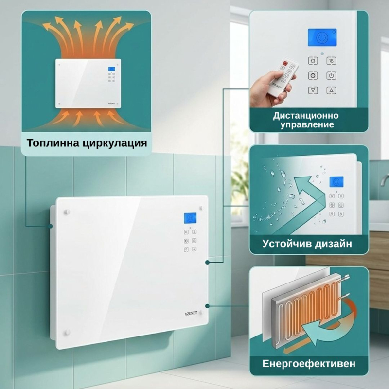 Черен стъклен конвектор Zenet 523, електрически подов и стенен отоплител 1000W